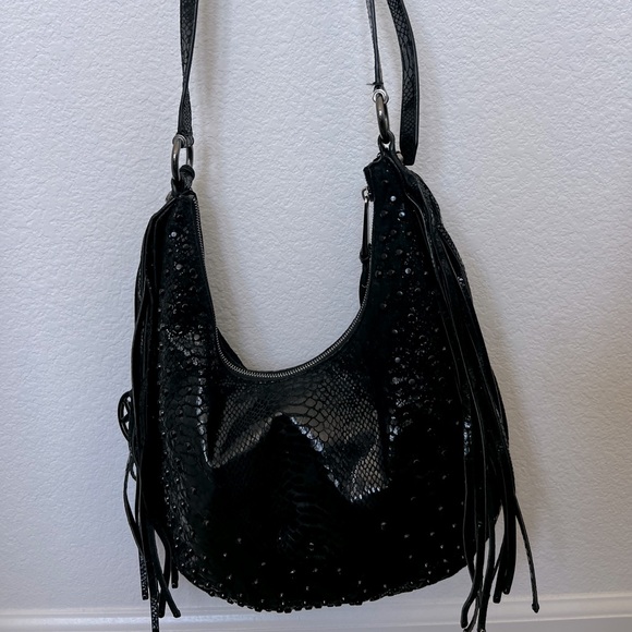 Michael Kors Medium Rhea Crystal Black Slouchy Shoulder Patent Python Black Bag - Picture 2 of 3